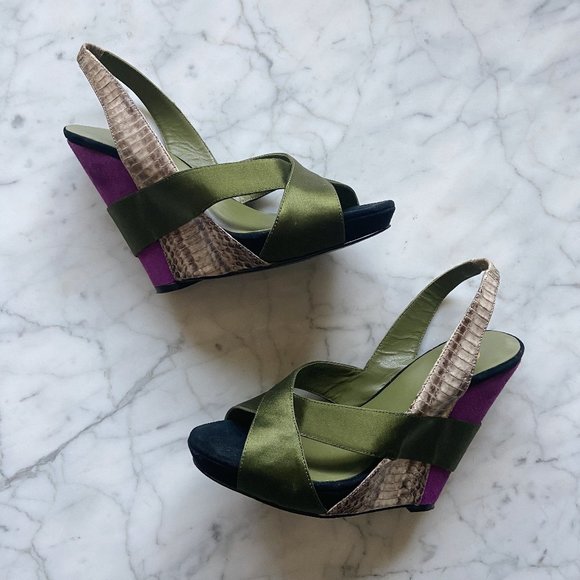 Ash Shoes - Ash Diane Green Purple Suede Satin Wedge Sandals